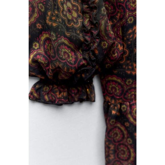 NWT ZARA Black Floral Ruffled Mini Skater Dress Metallic Striping Sz Medium - Picture 5 of 9